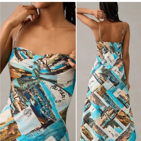 Anthropologie Blue and Green Postcard Print Midi Dress 16 - Picture 3 of 10